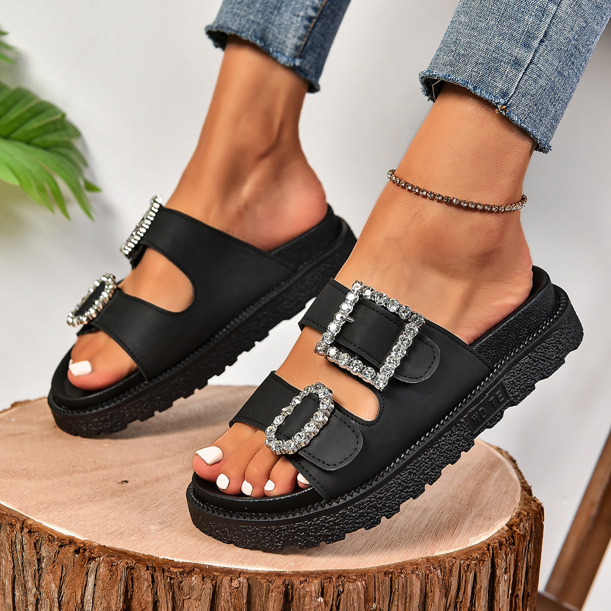 Rhinestone Buckle Platforms chunky heel for added comfort
