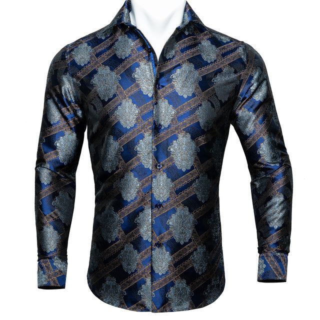 Elegant collar detail on silk long sleeve casual shirt men
