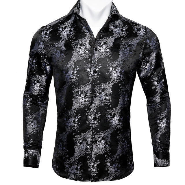 Stylish silk long sleeve casual shirt men teal pattern