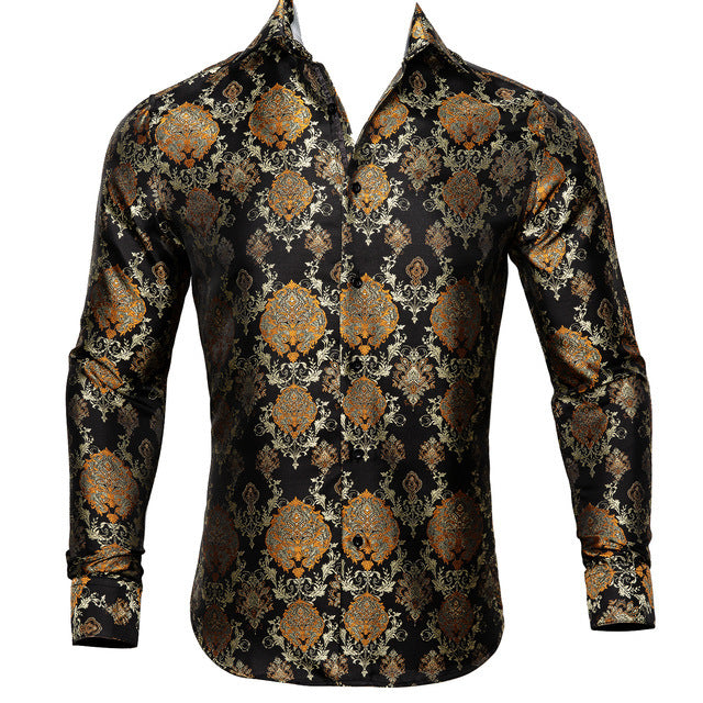 Premium stitching on Barry.Wang men’s printed silk dress shirt
