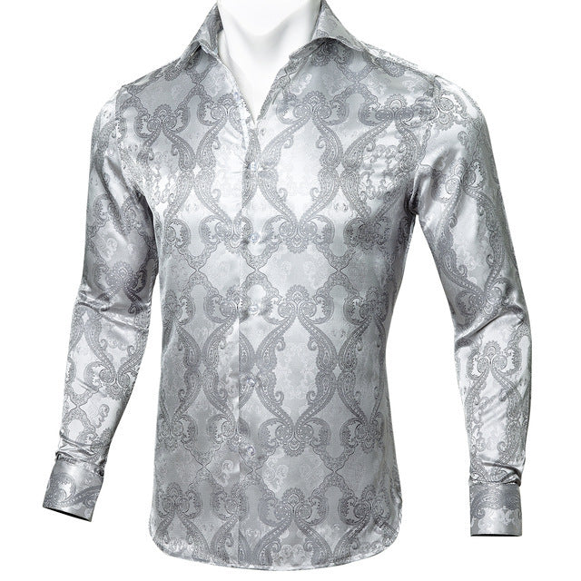 Teal paisley floral dress shirt showing fine silk details