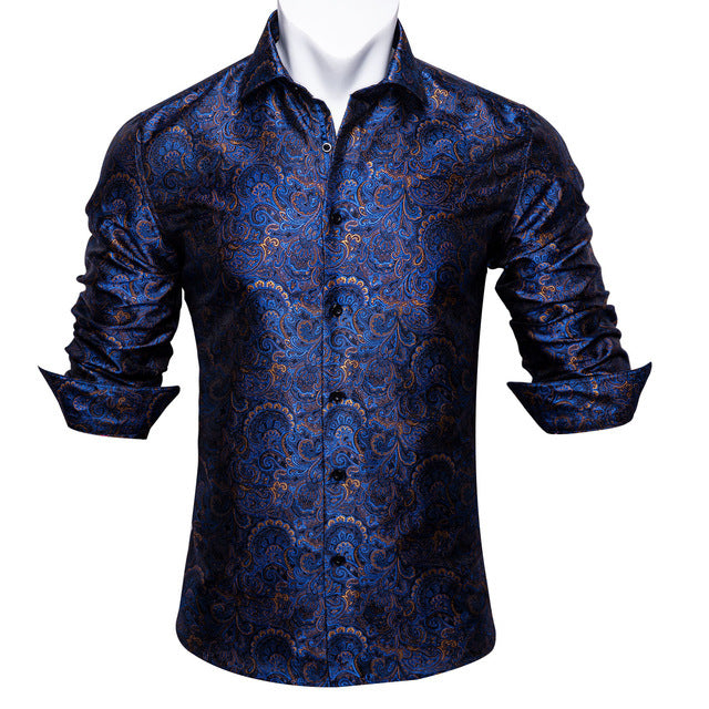Elegant collar detail on silk long sleeve casual shirt men