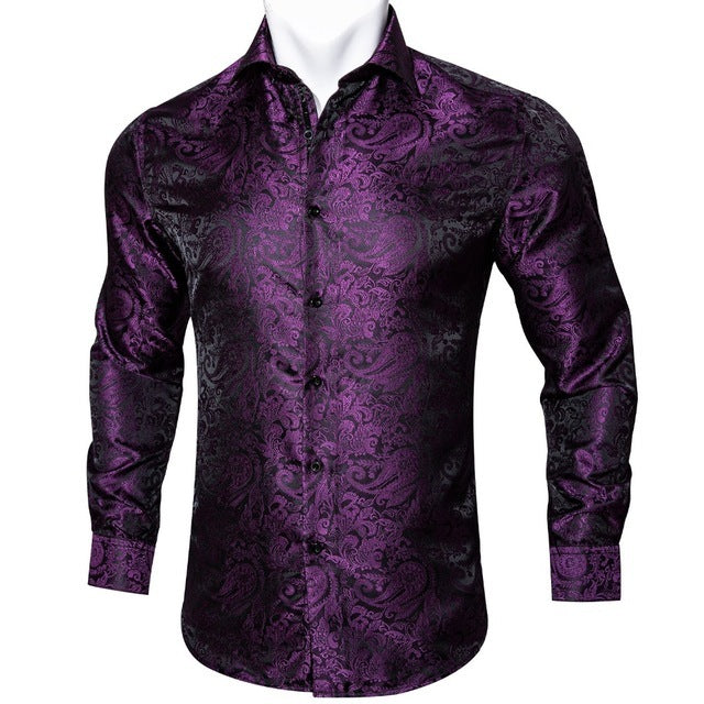 Barry.Wang teal men’s silk paisley shirt front view