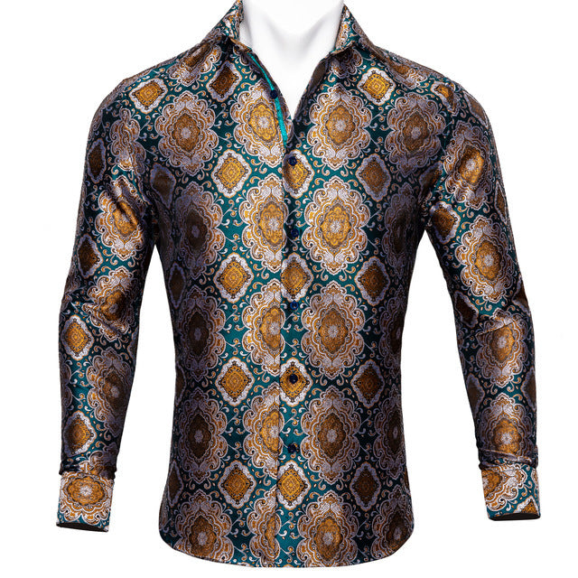 Back design of teal paisley floral dress shirt by Barry.Wang