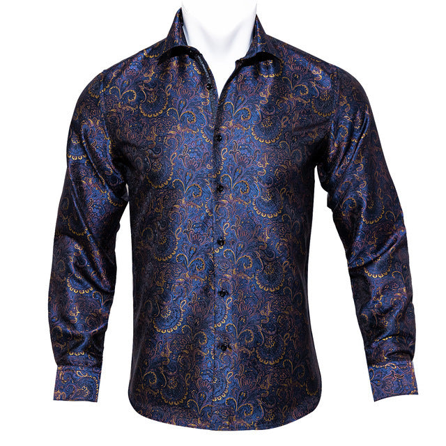 Elegant silk long sleeve casual shirt men teal paisley