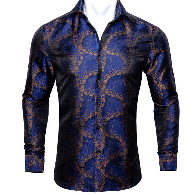 Close-up of Barry.Wang men’s silk paisley shirt fabric