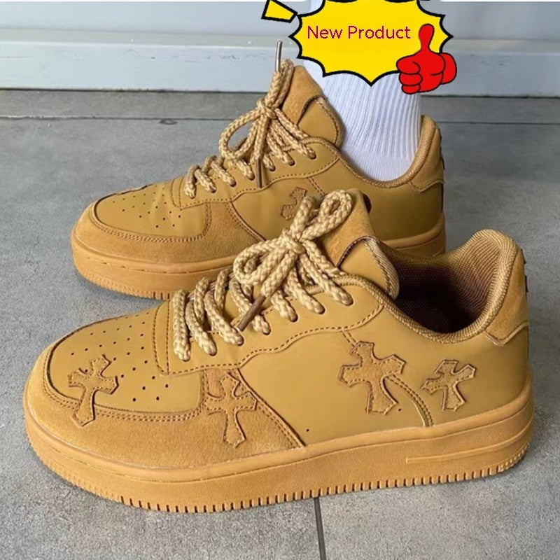 Wheat Platform Sneakers lifestyle shot with neutral outfit